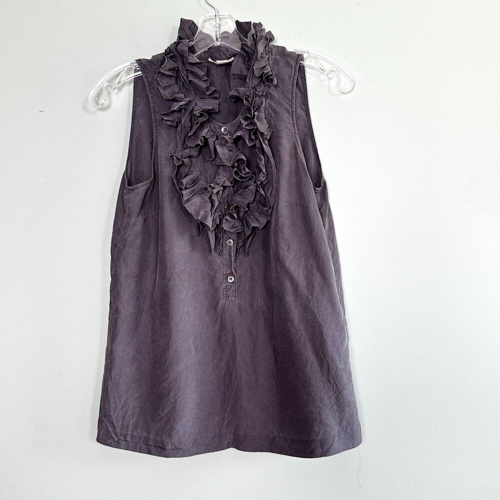 LOFT Silk Blouse Womens 4 Gray Ruffles Sleeveless Top Buttons Whimsigoth